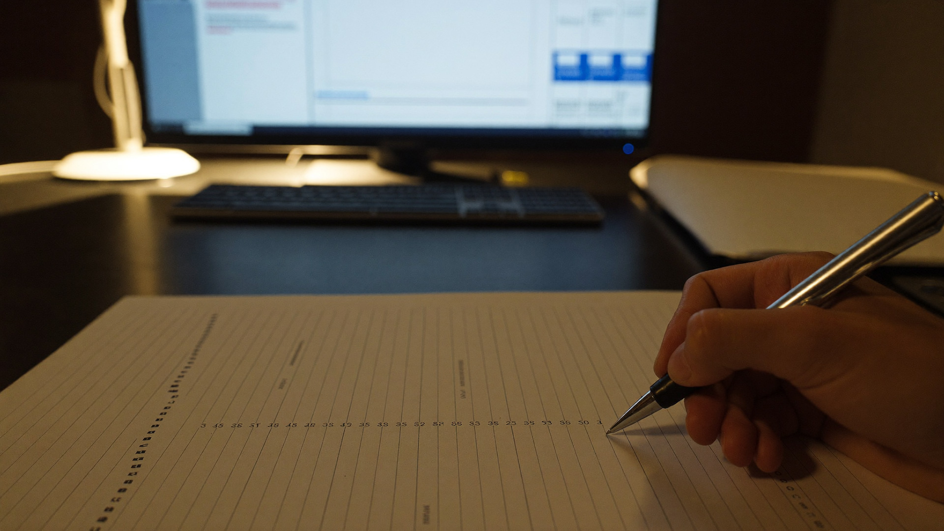 A hand tracing one row across a printed ledger, a monitor glowing behind