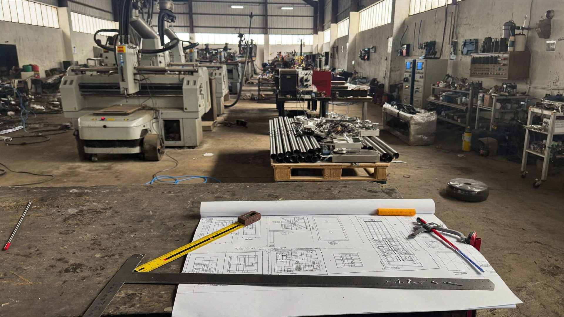 A technical drawing and calipers on a workbench, machines behind